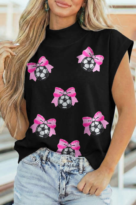 Top negro de manga corta con cuello alto y lazo de lentejuelas y balón de fútbol LC25138019-P2