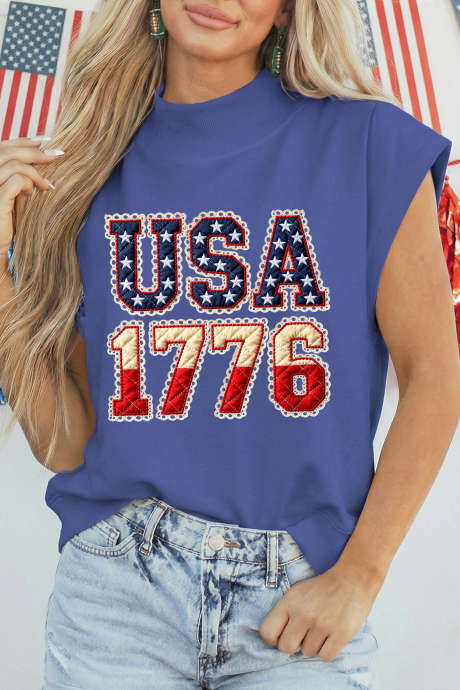 Nebesky modré vlastenecké tričko s grafickým potiskem USA 1776 a vintage vlajkou LC25137992-P205