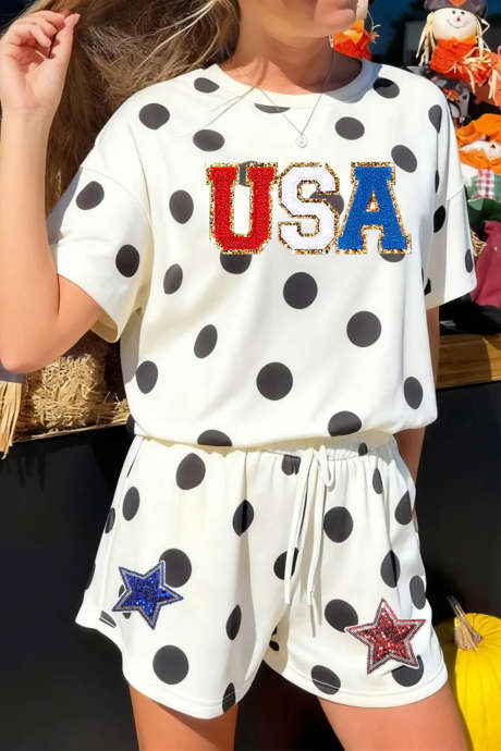 Black Polka Dot USA Patriotic Chenille Sequin Graphic 2-Piece Set LC629680-P220