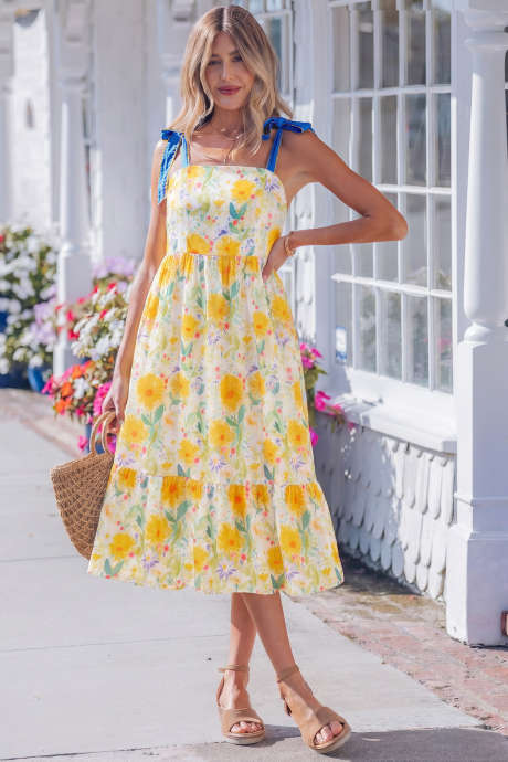 Yellow Floral Print Contrast Stitched Knot Denim Straps High Waist Dress