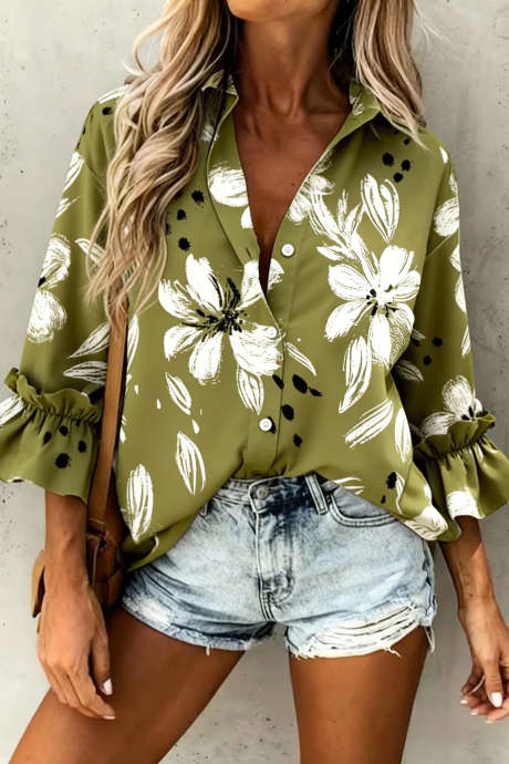 Guacamole Grønn Ruffled 3/4 Erme Blomsterknappskjorte