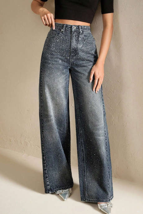 Ekte blågrønne strass-blekede shift-jeans med høy midje