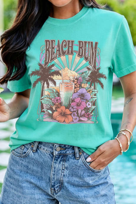 Mint Green Beach Bum Slogan Round Neck Summer Vacation Tee LC25232129-P1009
