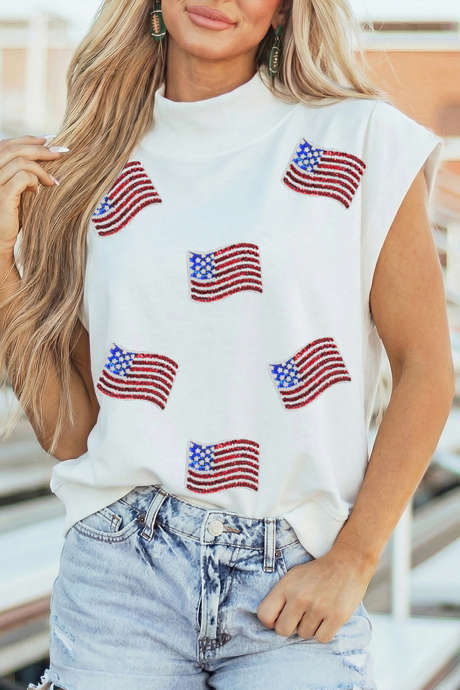 White Sequin American Flag Mock Neck Short Sleeve Top LC25137904-P1