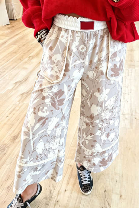 Maluwag na Pantalon na may Kulay Abo at Floral Print na may Contrast Trim na may Elastic Baywang