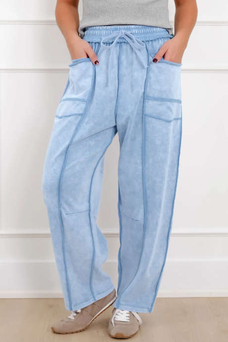 Sky Blue Exposed Seam Detail Mineral Wash Drawstring Barrel Pants
