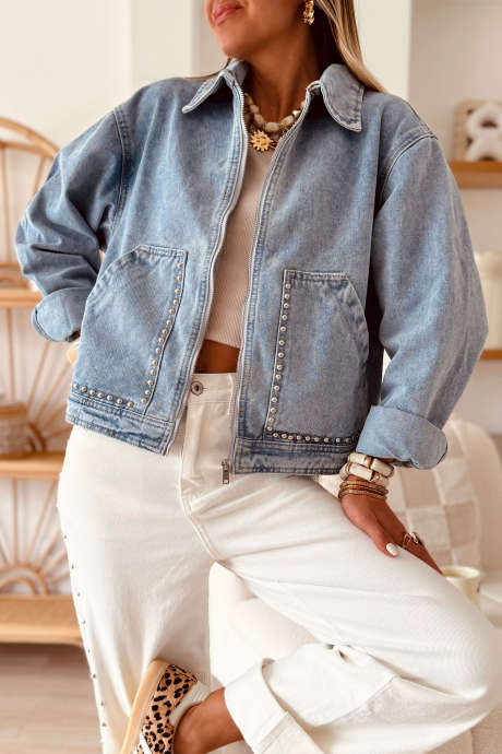 Beau Blue Studded Denim Jacket Metal Zipper Rivet Pockets Long Sleeve Casual Wear
