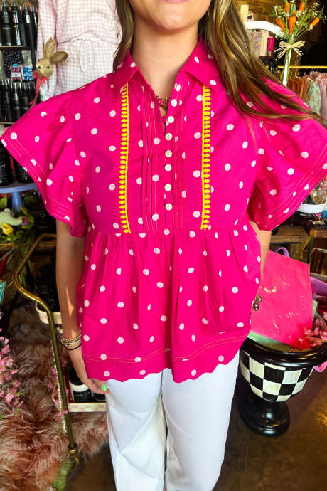 Rose Plus Size Polkadot Print Halvknapp Babydoll-bluse