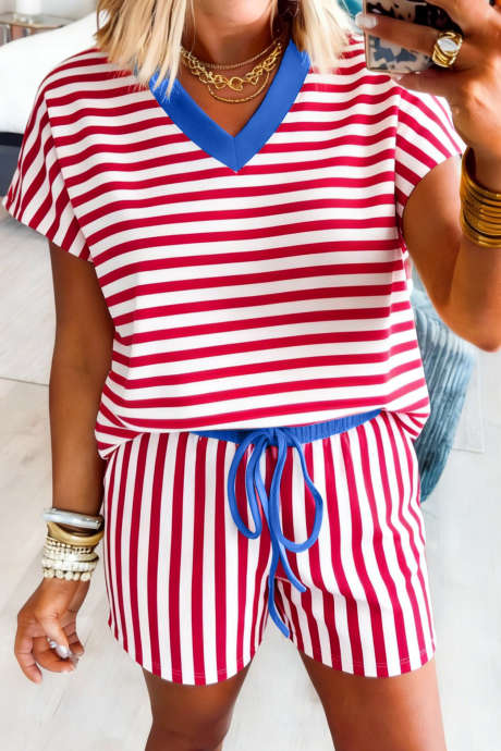 Rød stripete fargeblokkkant V-hals T-skjorte med snøring og elastisk midje Shorts-sett