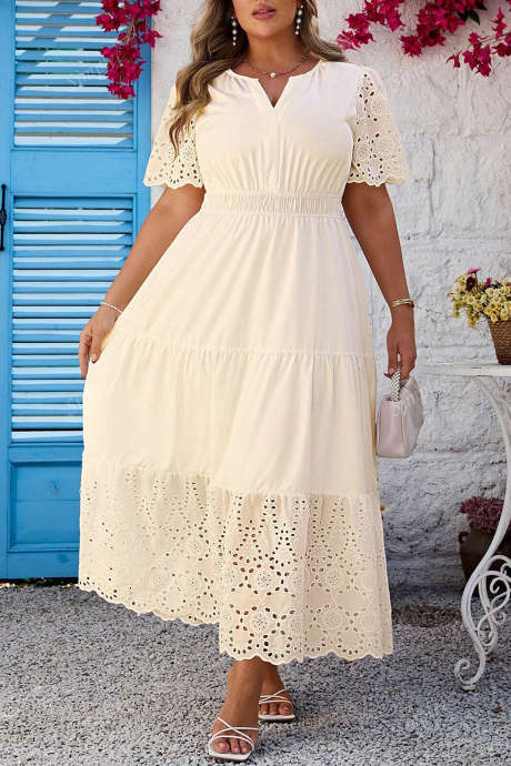 Aprikos Plus Size V-hals Blondebroderi Patchwork Kortermet Maxikjole