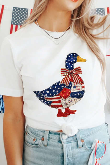 White Patriotic Patchwork Print Duck Graphic Tee