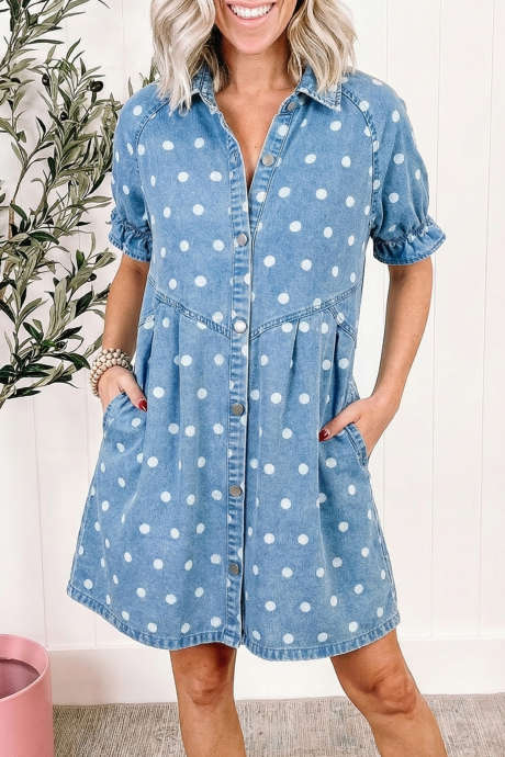 Sky Blue Polka Dot Print Ruffled Short Puff Sleeve Button Down Loose Denim Dress LC7861265-P420