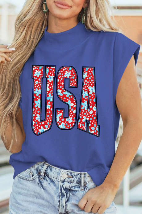 Sky Blue USA Floral Lettering Print High Neck Short Sleeve Top LC25137996-P205
