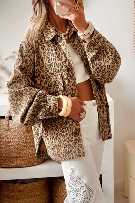 Khaki Leopard Print Collar Long Sleeve Patch Pocket Shift Tunic Denim Jacket