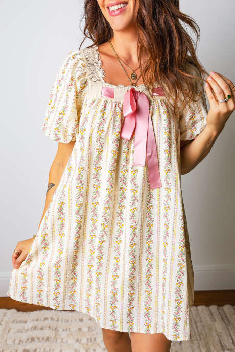 Multicolour Floral Print Contrast Ribbon Bow Lace Trim Square Neck Mini Dress LC6128245-P22