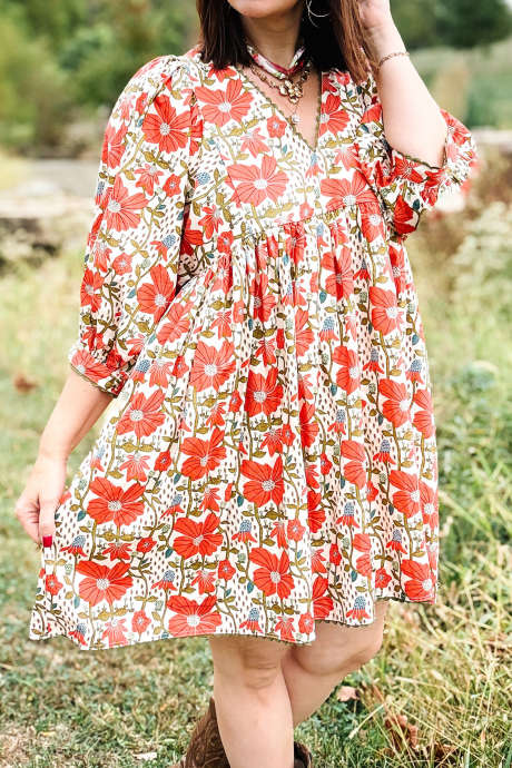 Rosa Plus Size Blomsterprint Puffermer Løs Minikjole