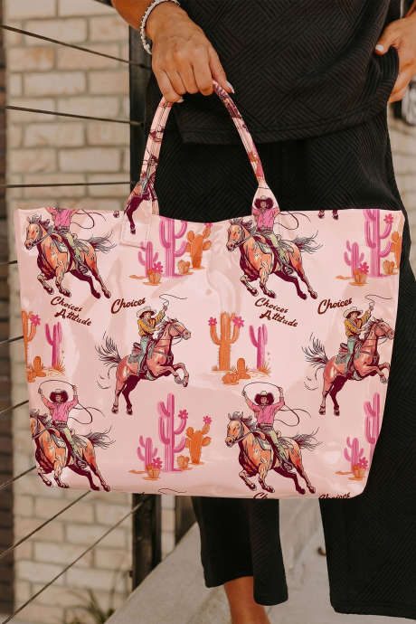 Geantă tote lucioasă din vinil, roz deschis, cu model western și model cowboy