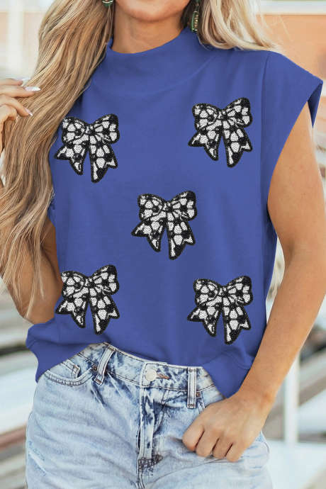 Sky Blue Sequin Bow High Neck Cap Sleeve Top LC25138064-P205
