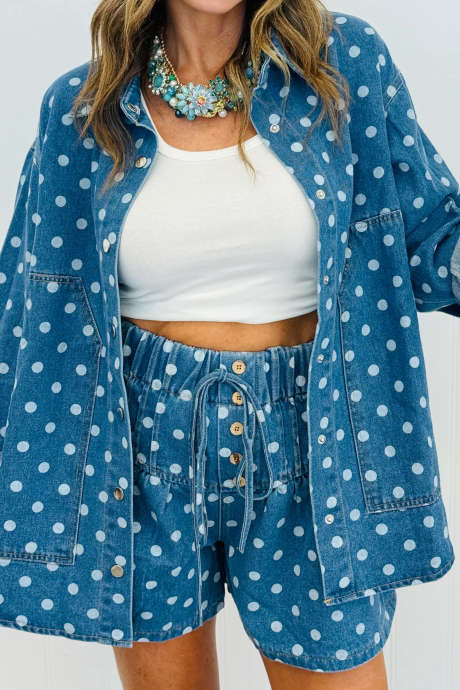 Blue Polka Dot Long Sleeve Collar Shift Tunic Denim Jacket