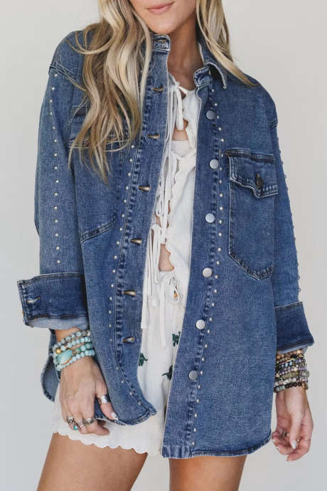 Sail Blue Rivet Embellished Long Sleeve Denim Jacket Western Style Regular Fit
