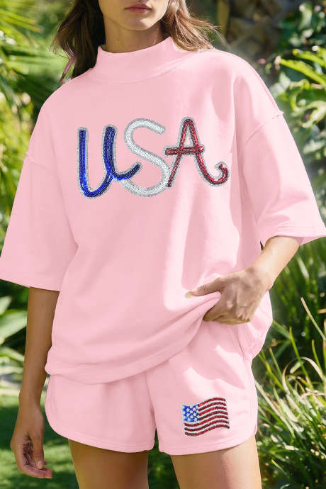 Light Pink USA Patriotic Sequin Graphic Mock Neck Oversize Tee Short Set LC629704-P1010