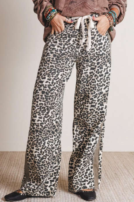 Khaki High Waist Leopard Print Straight Leg Casual Pants Full Length Daily Wear