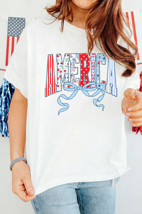 Tricou alb Coquette AMERICA cu mânecă jumătate și imprimeu LC25232131-P1