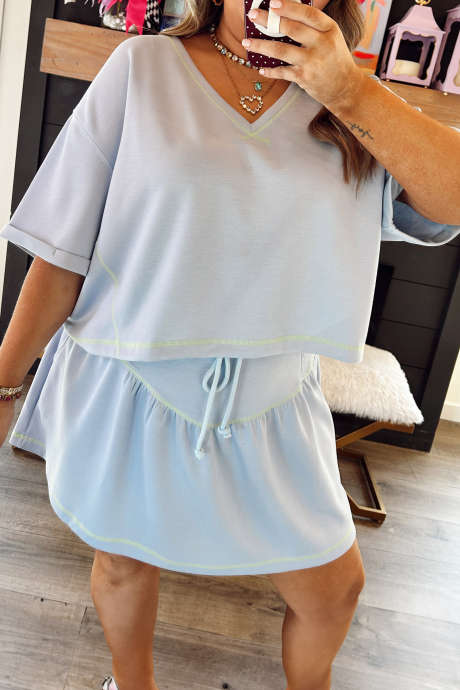 Beau Blue Casual V Neck Short Sleeve Two Piece Shift Dress Set Above Knee Length