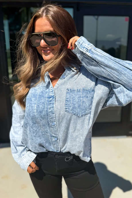 Sky Blue Stripe Denim Shirt Long Sleeve Pocket Casual Jacket Tunic Top