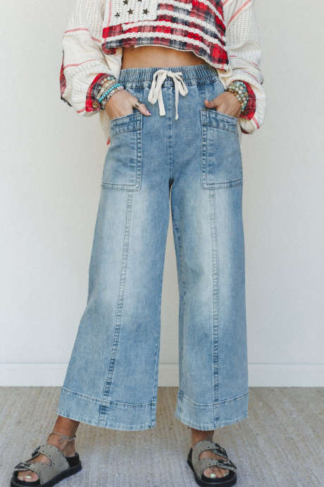 Pantalon na Denim na Malalapad ang Binti na Asul na may Mataas na Baywang, Detalye ng Bulsa, Haba ng Bukong-bukong, Kaswal na Istilo ng Maong