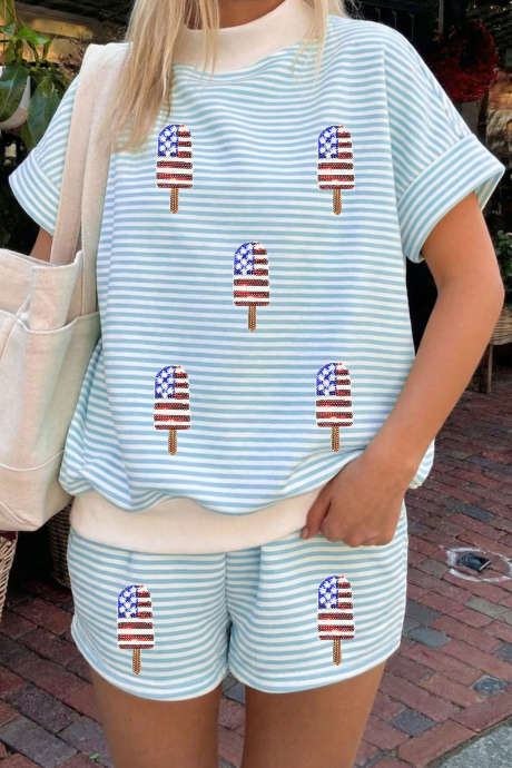 Sky Blue Stripe Patriotic Sequin Popsicle Mock Neck Top Short Set LC629706-P419