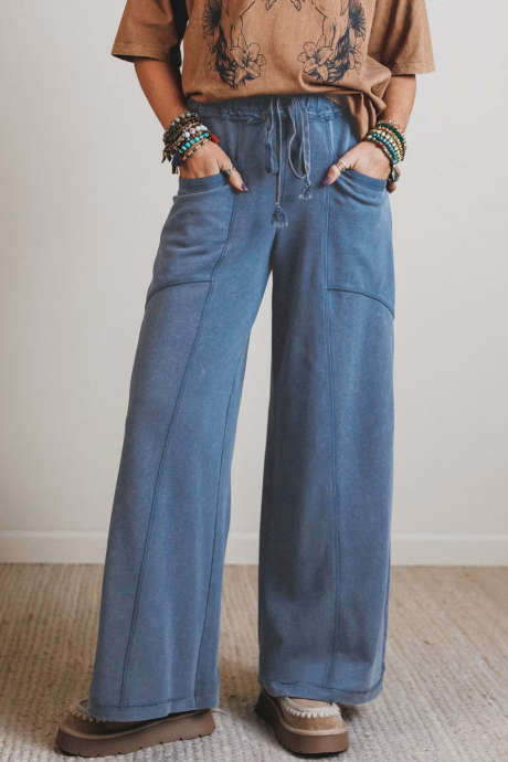 Pantalones vaqueros de pierna ancha estilo retro de talle alto con cordón ajustable, lavado mineral azul Ashleigh