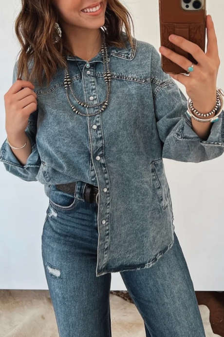 Dusk Blue Western Long Sleeve Denim Shirt Collar Tunic Jacket