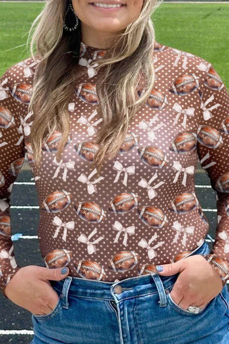 Bluză maro cu mânecă lungă din plasă, cu imprimeu de fundă și buline, model Game Day Vibes