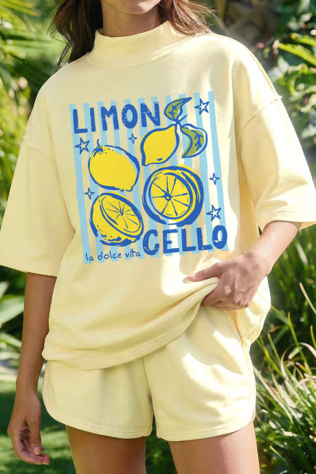 Yellow Cream LIMON CELLO Mock Neck Oversize Tee Short Set