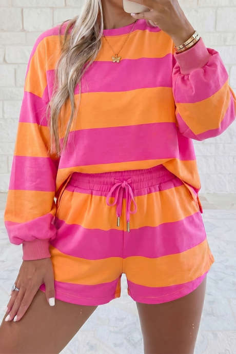 Pink Stripe Striped Two-Piece Casual Shift Set Daily Wear Pant Set