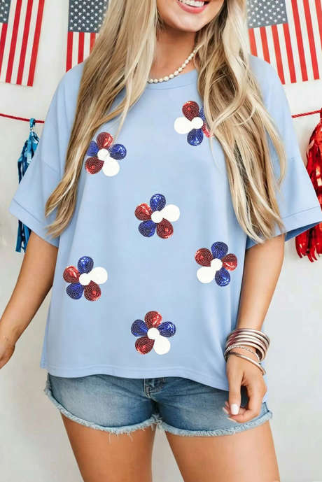T-shirt ample à manches courtes et sequins fleuris patriotiques Myosotis LC25232061-P1204