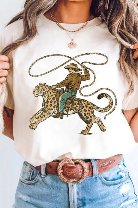 Tricou casual cu grafică Rodeo Cowboy și leopard alb