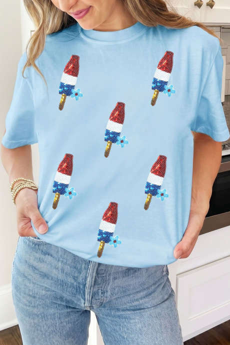 Light Blue Patriotic Sequin Popsicle Graphic Tee LC25232145-P4