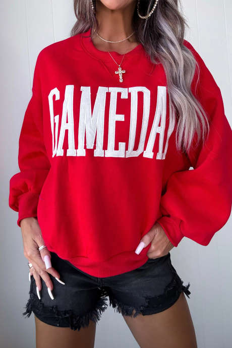Hanorac roșu aprins cu slogan Game Day, mânecă lungă, guler rotund, casual, tip shift