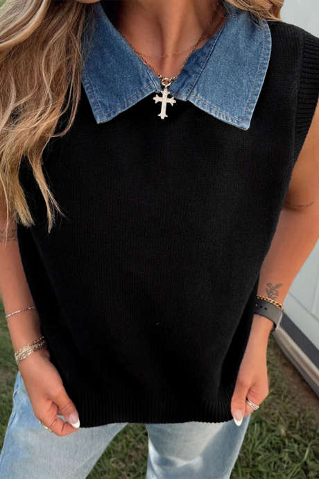 Vestă neagră cu guler tip patchwork din denim tricotat în culori solide