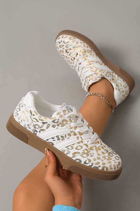 Pantofi cu șireturi și imprimeu leopard metalic auriu BH024291-P12