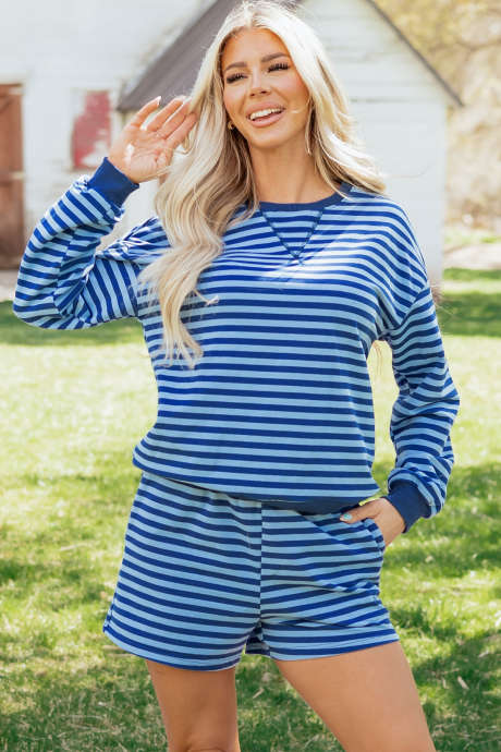 Set scurt casual cu dungi albastre și umeri căzuți, pulover cu mânecă lungă și talie elastică, cu dungi albastre