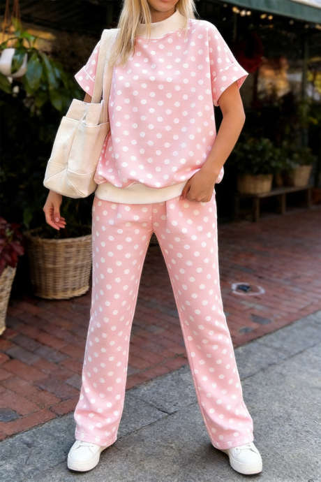 Pink Polka Dot Print Mock Neck Short Sleeve Top Shift Pant Set LC629300-P1020