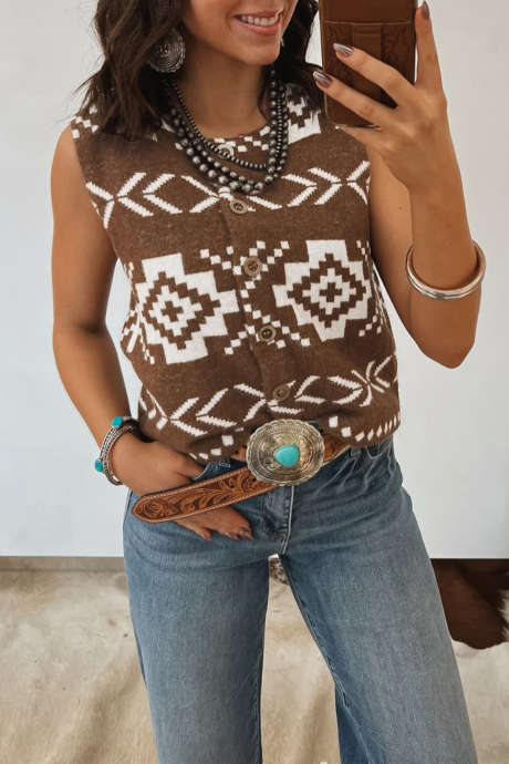 Pulover cu guler pătrat și nasturi azteci maro din Southwestern