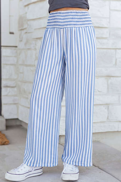 Pantaloni de vară largi, cu talie înaltă, și dungi albastru-cel