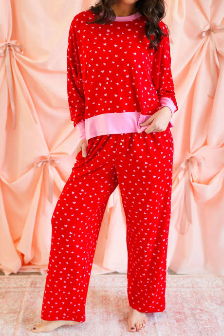 Red Heart Pattern Long Sleeve Two Piece Colorblock Pajama Set
