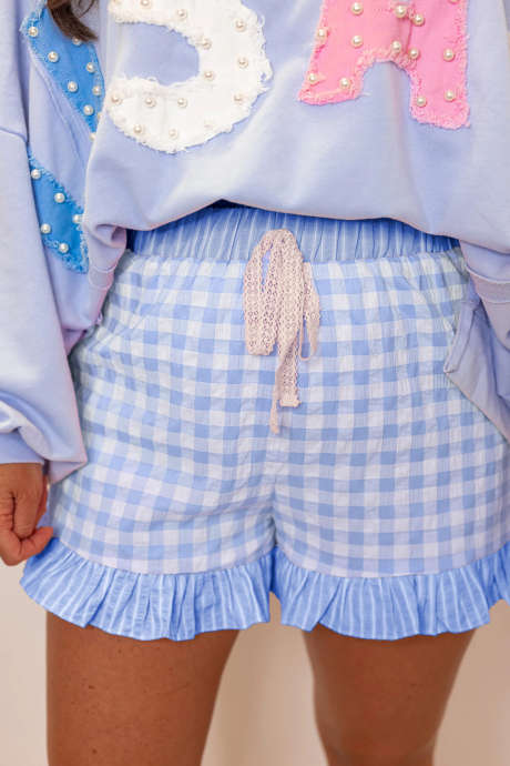 Pantaloni scurți din dantelă cu volane și dungi, albastru deschis