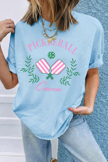 Ανοιχτό μπλε μπλουζάκι PICKLEBALL Queen με χαλαρή γραφική σχεδίαση LC25232162-P4