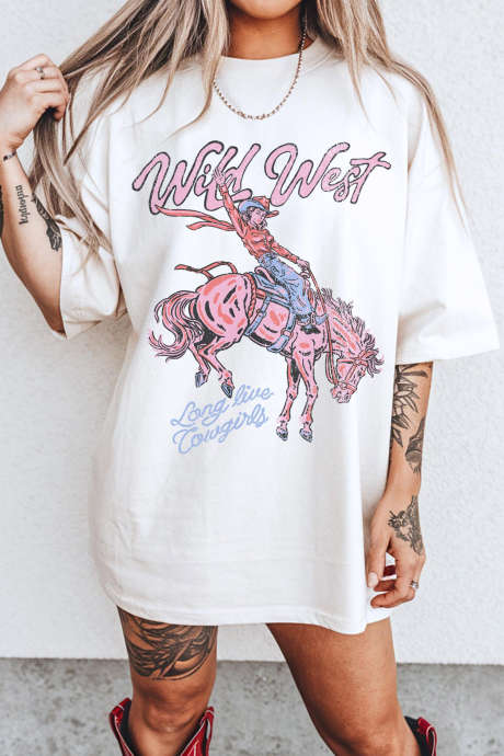 Tricou alb cu imprimeu cowgirl rodeo din Wild West LC25232164-P101